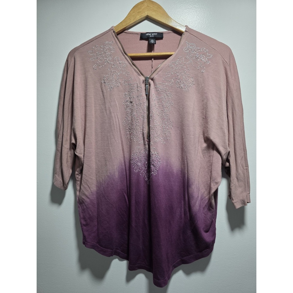 Nine West Womens Blouse Knit Top Pink To Purple Ombre Dip-Dye Design Size M
